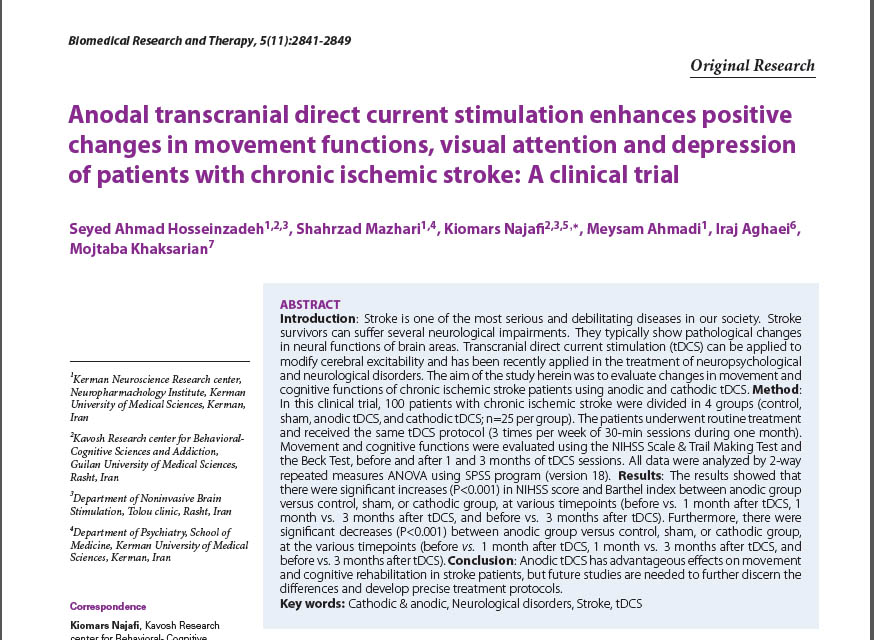 Anodal transcranial direct current stimulation enhances positive changes in movement functions, visual attention and depression of patients with chronic ischemic stroke: A clinical trial